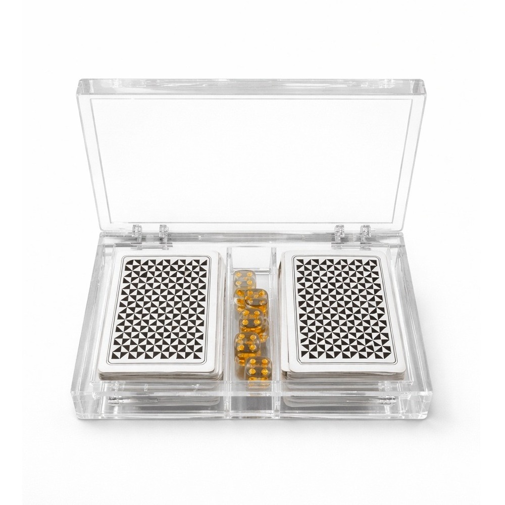 Tahari Home Acrylic Playing Card Set w‎ Dice Clear Lucite Case Modern Decor